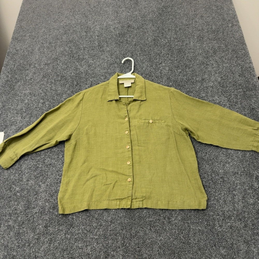 Harve Benard Shirt Womens PM Green Linen Button Front Long Sleeve Casual Classic
